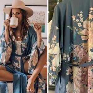 New Boho Floral Kimono Blue Maxi Duster Cardigan